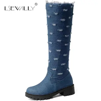 

Lsewilly Winter Women's Shoes Thick Heel Paltform Denim Light Blue Knee-High Round Toe Women Boots Ladies Shoes Size 34-52 S790