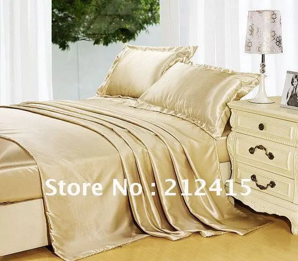 Silk bedding set 4pcs solid color champagne many size duvet cover flat sheet pillowcase