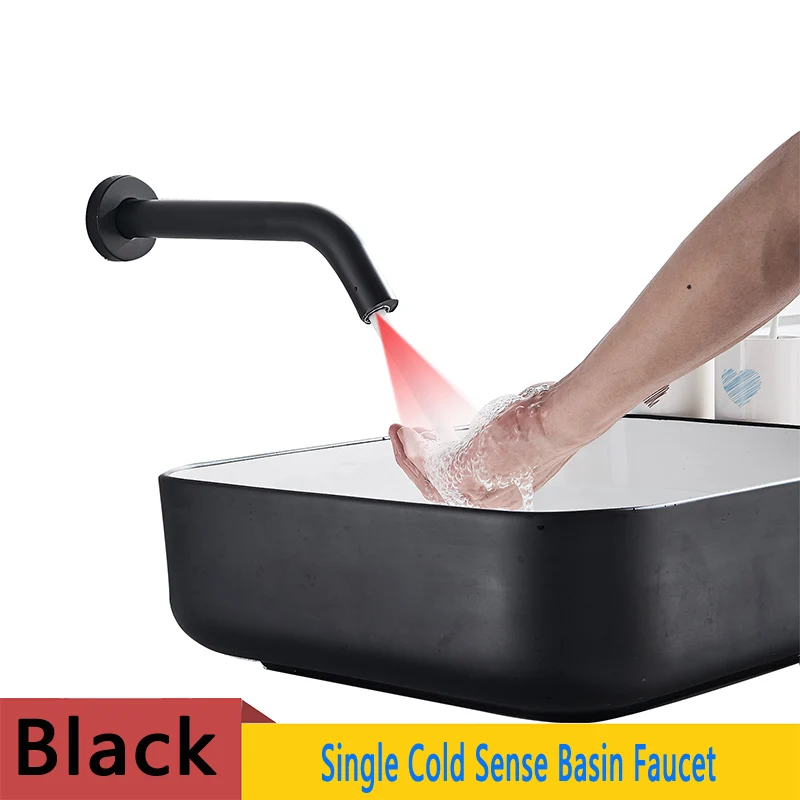 Хромированный сенсорный смеситель для раковины, настенный кран, кран для ванной с одним отверстием, смеситель для холодной воды - Цвет: Black