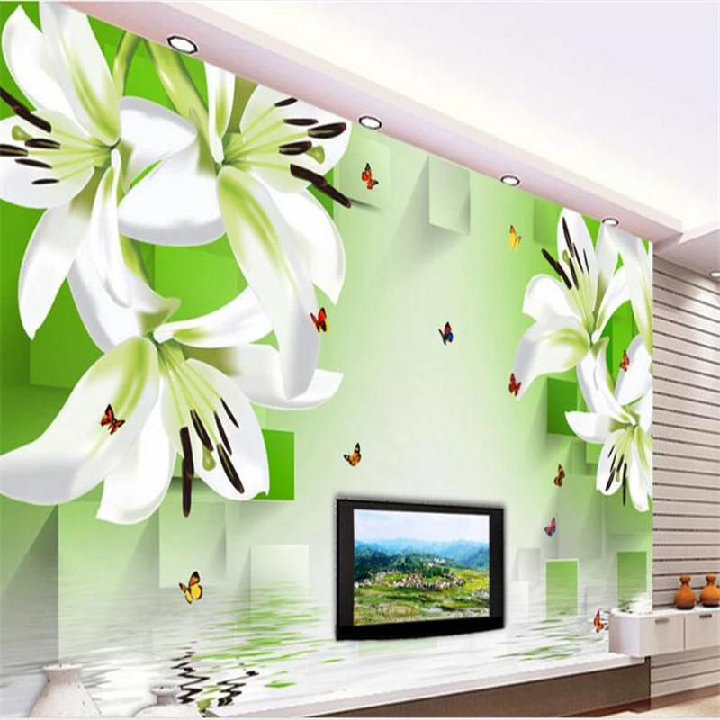 

beibehang 3D Lily Reflections TV Backdrop Large Fresco Wallpapers Living Room Bedroom Sofa Fresco Decorations