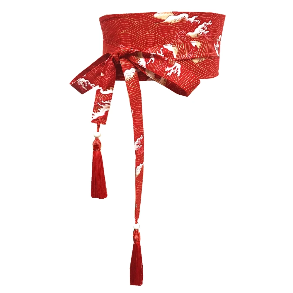 Elegant Red Cotton-Linen Tassel Waist Belt with Cummerbund