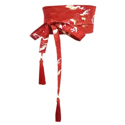 Elegant Red Cotton - Linen Tassel Waist Belt with Cummerbund - S (Red new waves)