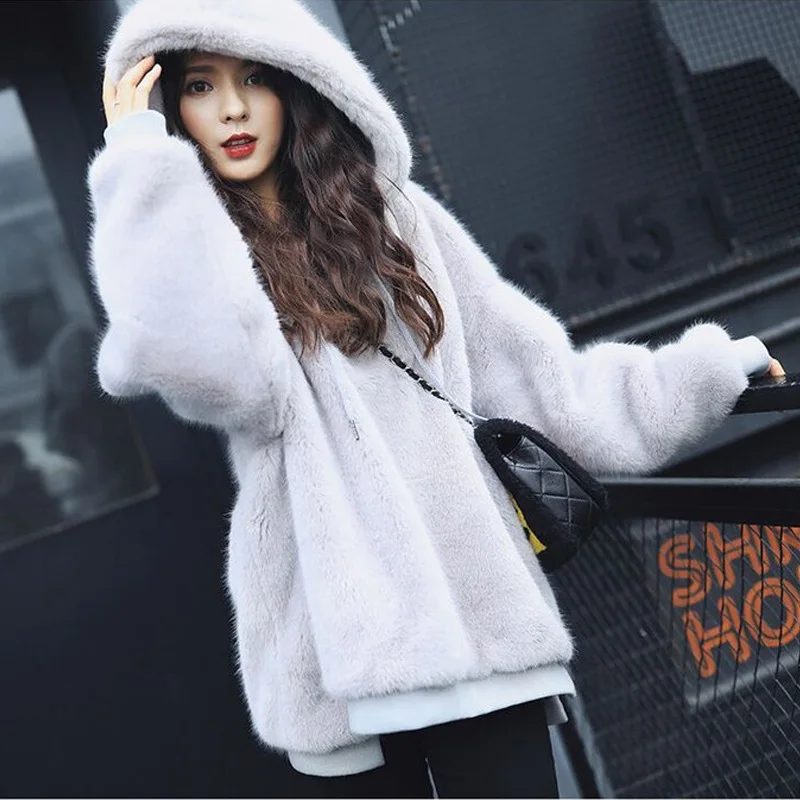 Winter Faux Fur Jacket women Warm Velvet Hooded Hoodies Cap Hoody Outwear loose fur coat