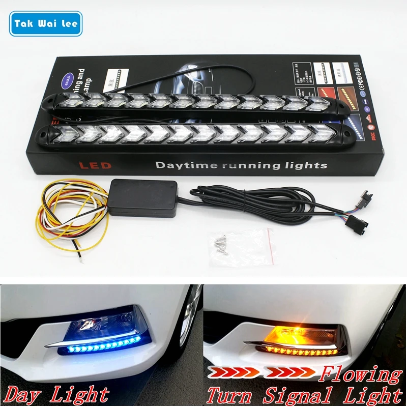 

Tak Wai Lee 2Pcs LED DRL Daytime Running Light Car Styling Dynamic Streamer Flow Amber Turn Signal Warning Steering Fog Day Lamp