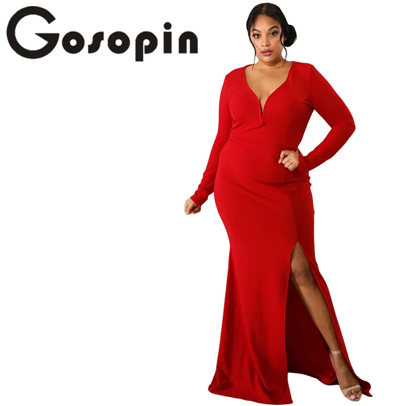 

Gosopin Long Elegant Party Dress Plus Size Slit Deep V Neck Maxi Dress Black Sexy Large Sizes XXXXL Women Dresses 2019 LC610553