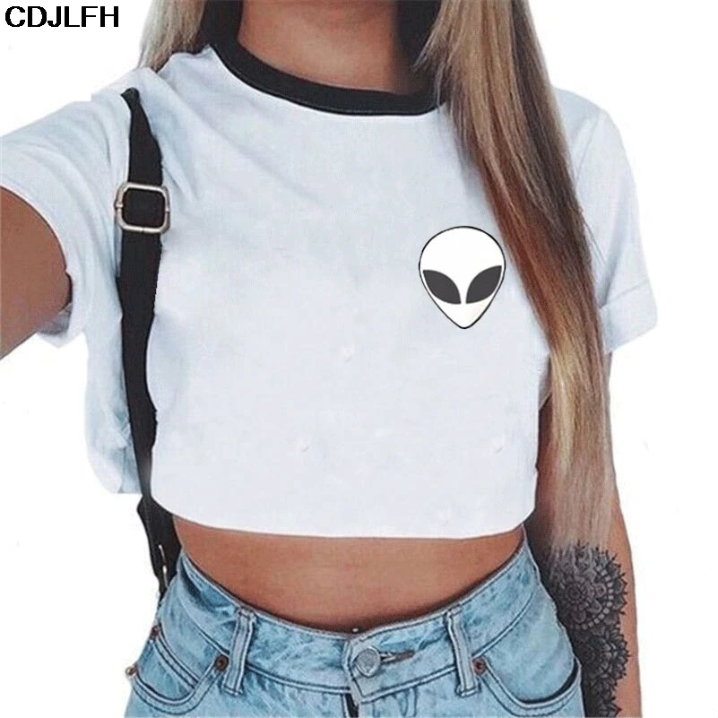 

New Women T Shirt Alien Nothing Letter Rose Crop Top Short Sleeve Cat Tshirt Womens Casual Tees Summer Harajuku Female Tee Tops