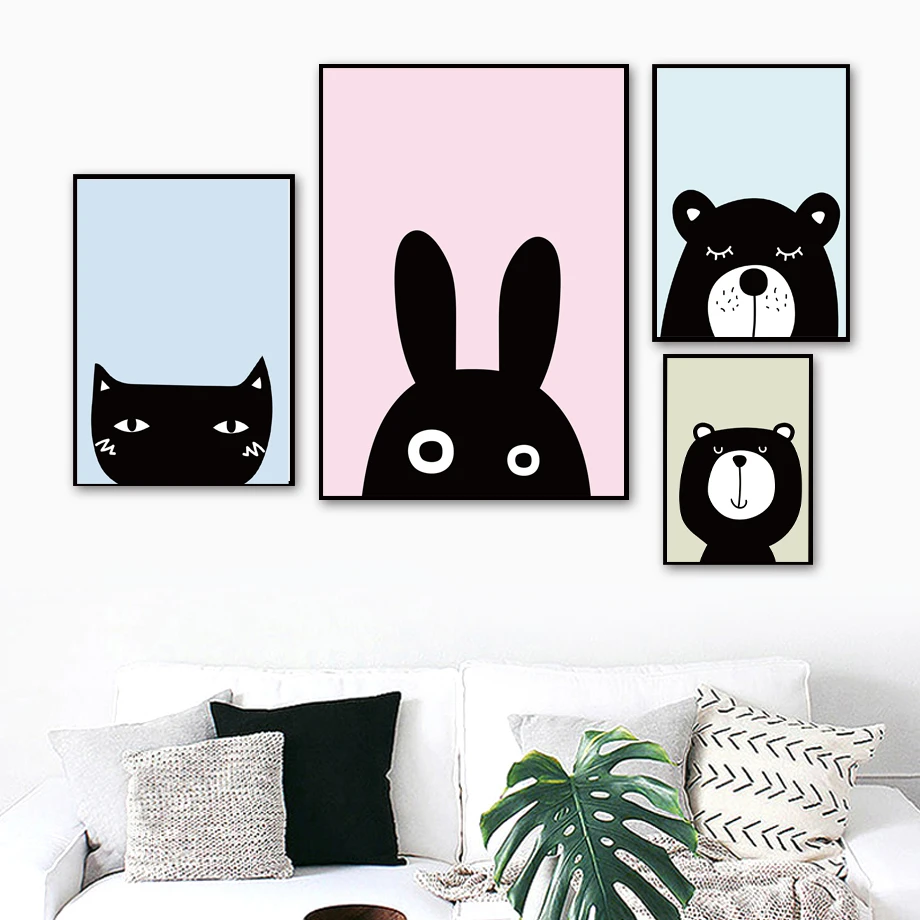 

Cartoon Black White Cat Rabbit Bear Wall Art Canvas Painting Nordic Posters And Prints Animal Wall Pictures Kids Room Decor
