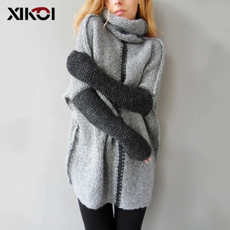 

Loose Autumn Winter Turn-down Collar Sweater Women Oversize Solid Knitted Sweaters Warm Long Sleeve Pullover Sweater Khaki Gray