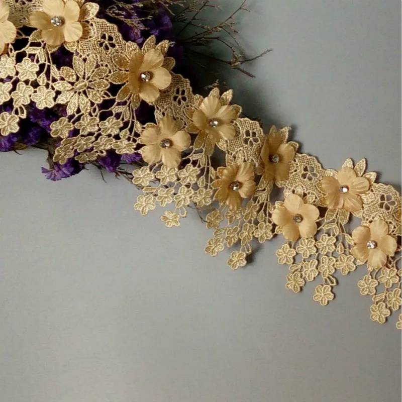 1 ярд золото 9 см жемчуг 3D цветок кисточка кружевной край отделка Лента ткань вышитая аппликация шитье ремесло свадебное платье одежда