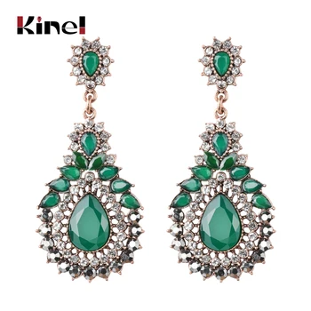 

Kinel Luxury Ethnic Earrings For Women Green Crystal Flower Wedding Vintage Jewelry Antique Gold Bohemia Pendant Earrings Gift