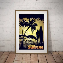 Retro paisaje marino Tropical surf pared imágenes artísticas lienzo pintura, silueta de surfista chica Vintage Póster con impresiones artísticas decoración de pared