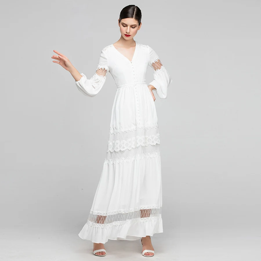 

VERDEJULIAY Runway Maxi Women Dress 2019 Luxury Lace Patchwork Ladies Ruffles WhiteEmbroidery Hollow out Long Dress Vestidos