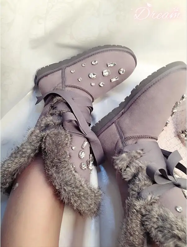 

Winter 2017 European station leather rhinestone rabbit fur straps Snow boots high tube lace women's shoes boots