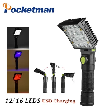 

16 LEDs Work Flashlights White Red Blue Light Repair Working Lamp USB Torch Built-in Magnet Hook Tent Camping Lantern for 18650