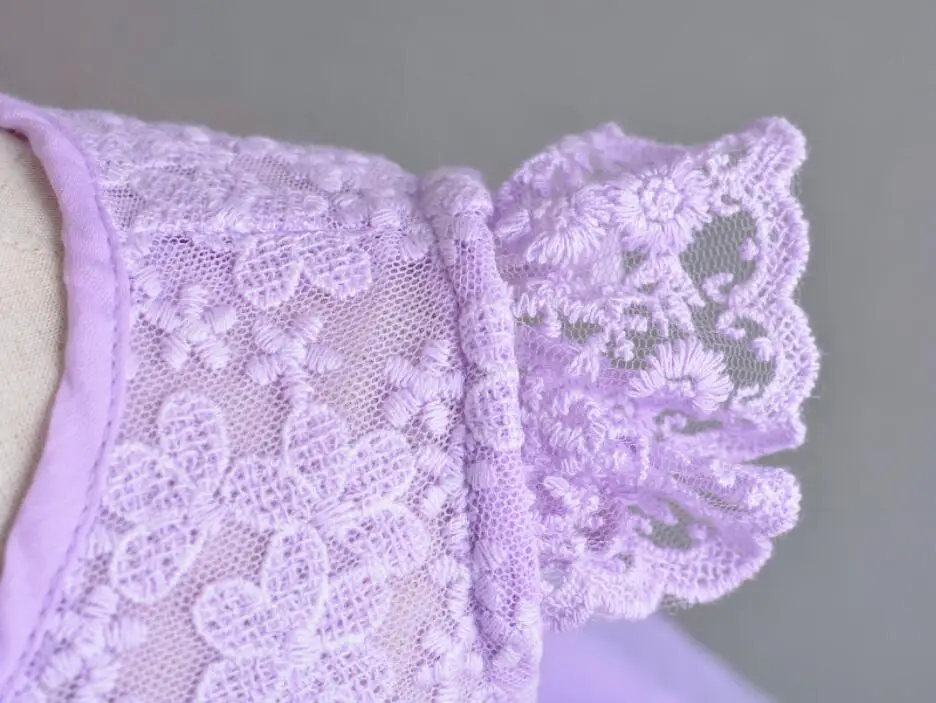 Purple Thin Lace Flowers Tulle Baby Girl Birthday Dress Princess Wedding Party Newborn Flower Headband Mini Coat Hat