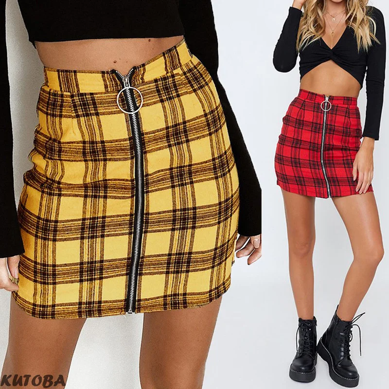 

New Style Women's Plaid High Waist Checker Zipper A-line Mini Skirt Short Skirt Size 6-12 S M L XL Color Yellow Red