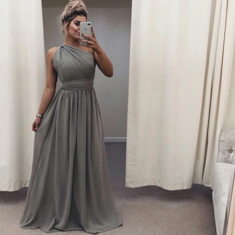 One Shoulder Gray Chiffon Bridesmaid Dresses Long Women Country Wedding Formal Party Dresses Vestido De Dama de Honra Gowns