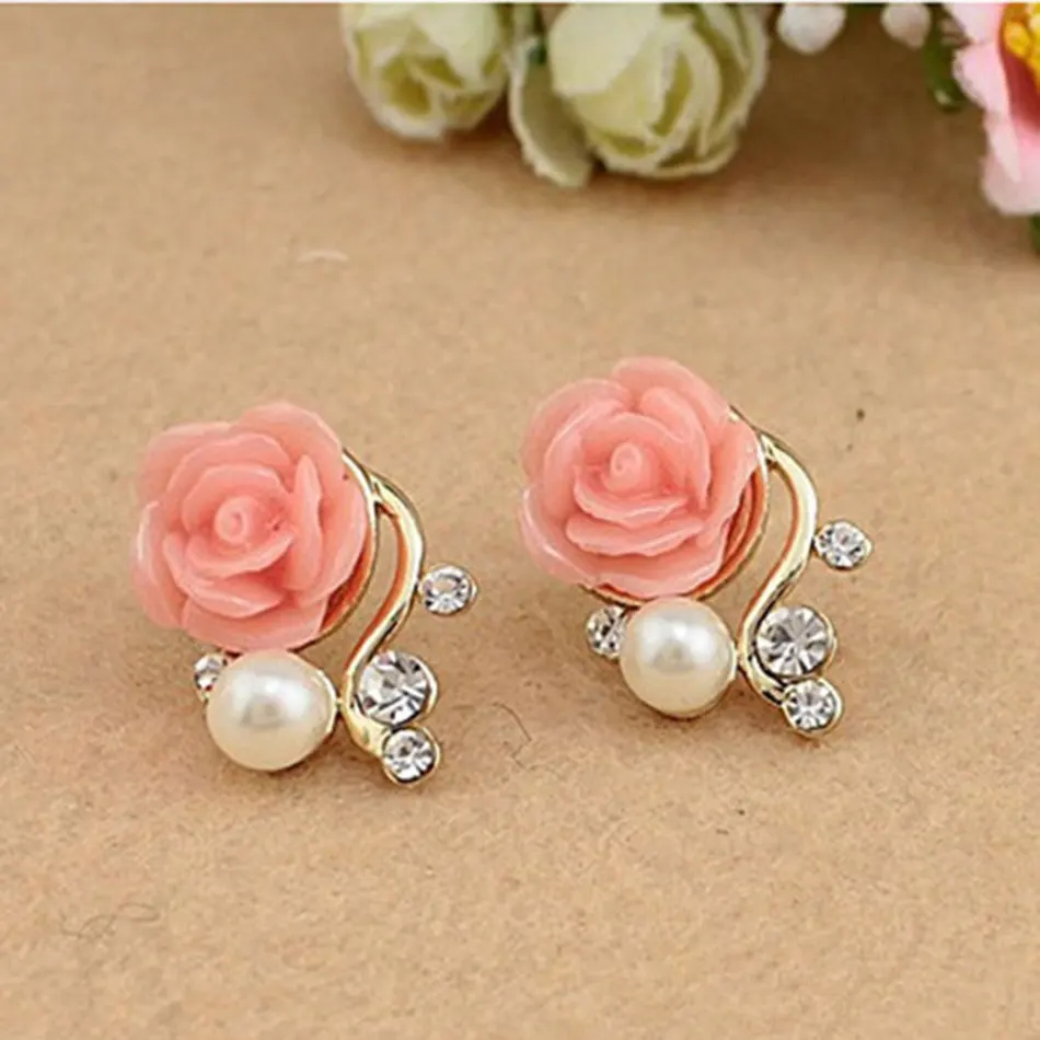 

Fashion Rose Flower Jewelry Pearl Stud Earrings Exaggerated Crystal Rhinestone Earrings Women Girls Elegant Jewelry Gift