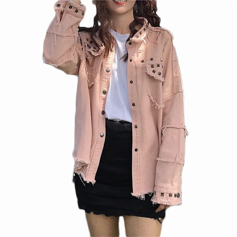 

Fashion 2019 Autumn Women Casual Denim Coat Loose Jeans Rivet Jacket Long Sleeve Bomber Jacket