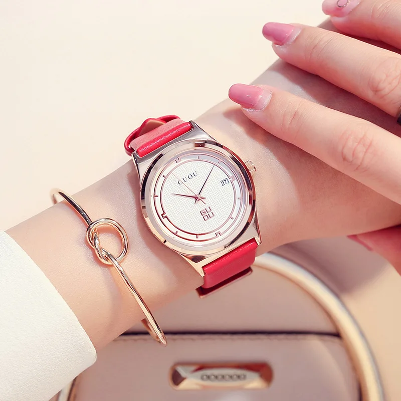 

2019 Women's Watches Leather Waterproof Large round simple Dial Fashion Style lady Quartz Watches G8088