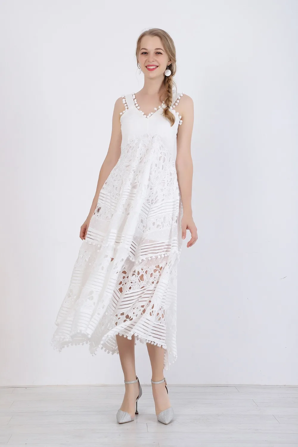 Женское длинное кружевное платье SMTHMA, белое платье из высококачественной ткани в стиле пэчворк, с V-образным вырезом, роскошная модель с подиума, сексуальный вечерний наряд для пляжа и отдыха на лето