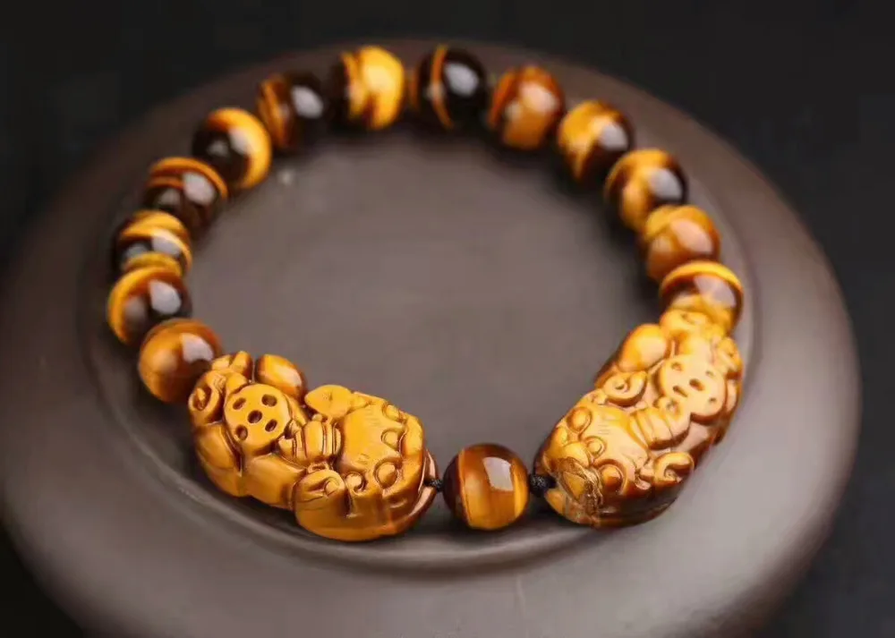 

100% Natural Yellow Tiger's Eye Pi Xiu Pendant 12mm Gemstone Crystal Round Bead Bracelet Women Men Powerful Stretch AAAAA