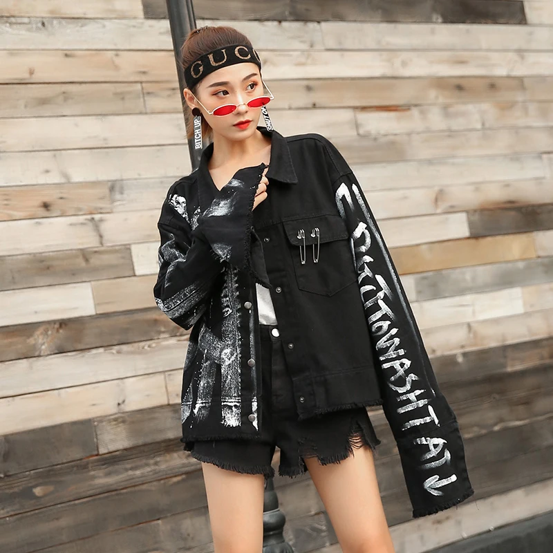 

Spring Oversize Jeans Jacket Jacket Women Hip Hop Coat Graffiti Designs Harajuku Loose Bomber Streetwear Casual Basic Coat