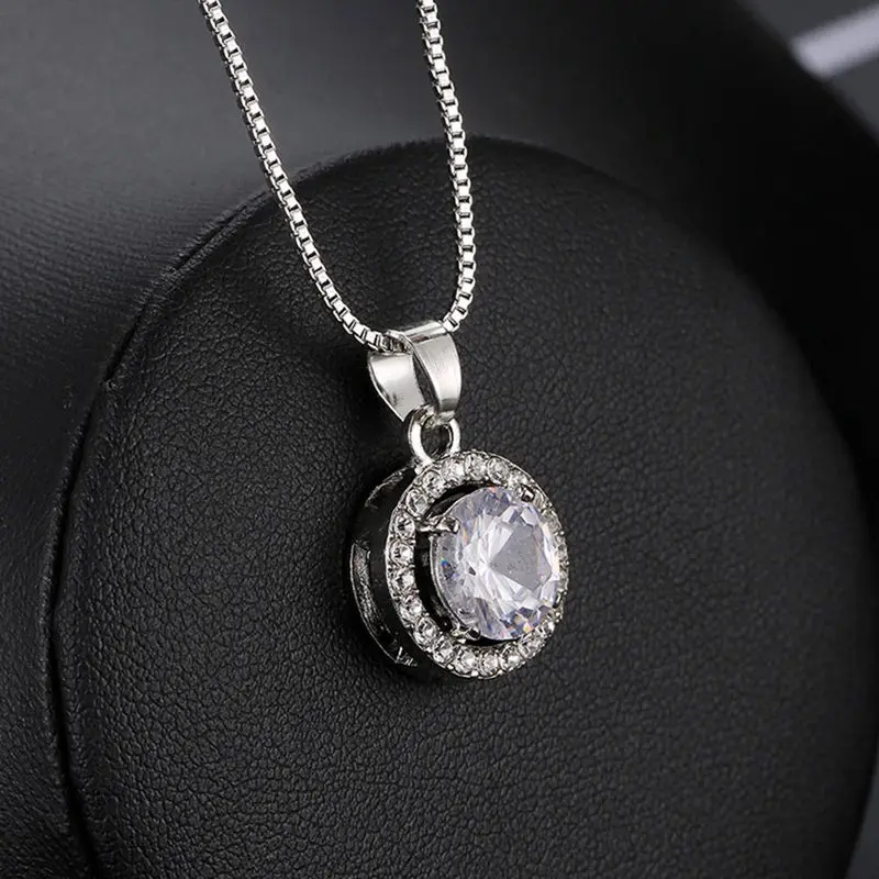 Luxury Women Wedding Necklace Little Round Pendant Necklace Silver Color Necklace AAA Zircon Anniversary Gift