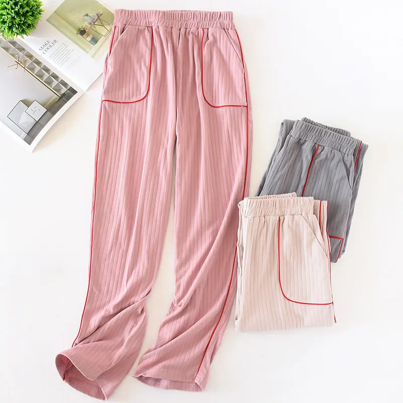 

Cotton knit women's sleep pants 2019 spring and autumn solid color striped home trousers loose large size pajama pants for women
