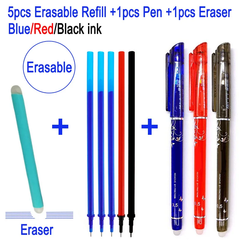 

5Pcs/Set 0.5mm Magic Erasable Pen Refill Rod Gel Pen Replacement Blue Black Red Ink School Office Writing Accessories +1 Eraser