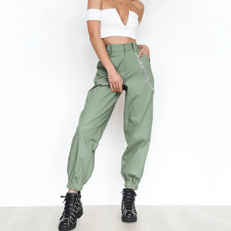 

Chain Pocket Cargo Pants Female Wide Leg Casual Pants Fitness Streetwear Women Trousers Solid Pleated High Waist Casual Pants