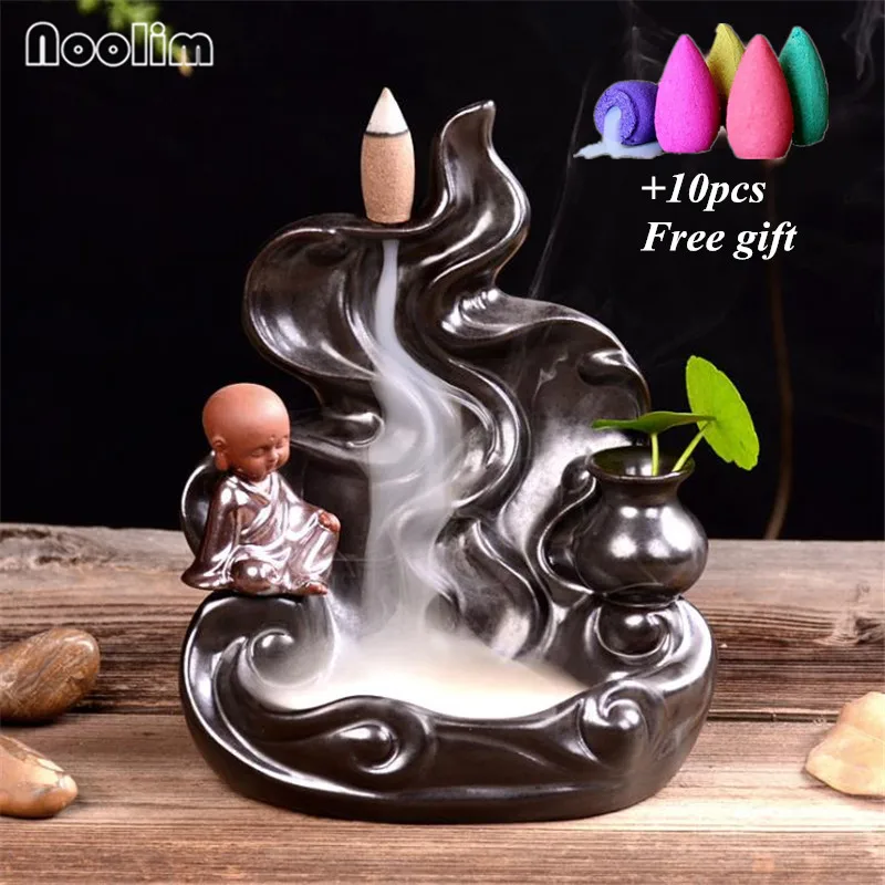 Bright-10pcs Mixed Маленький монах курильница для благовоний горелка ручной работы декоративное украшение для дома водопад кадильница для ароматерапии+ 10psc Бесплатные конусы - Цвет: Bright-10pcs Mixed