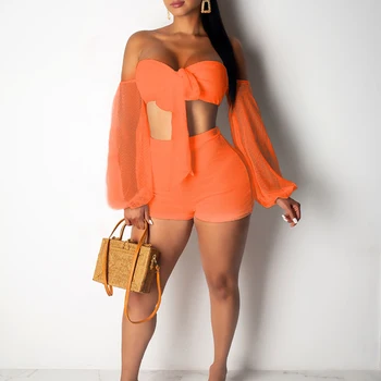 

Off Shoulder Solid Mesh Strapless Sexy Women's Short Suits Slash Neck Lantern Full Sleeve Bandage Short Crop Top Shorts Outfits