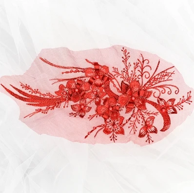 См 2 шт. 30*16 см Элегантный 3D цветок Embroiderey жемчуг бисером кружево Аппликация кружевная бейка платье ткани материал золото/Шампанское/розовый - Цвет: Red
