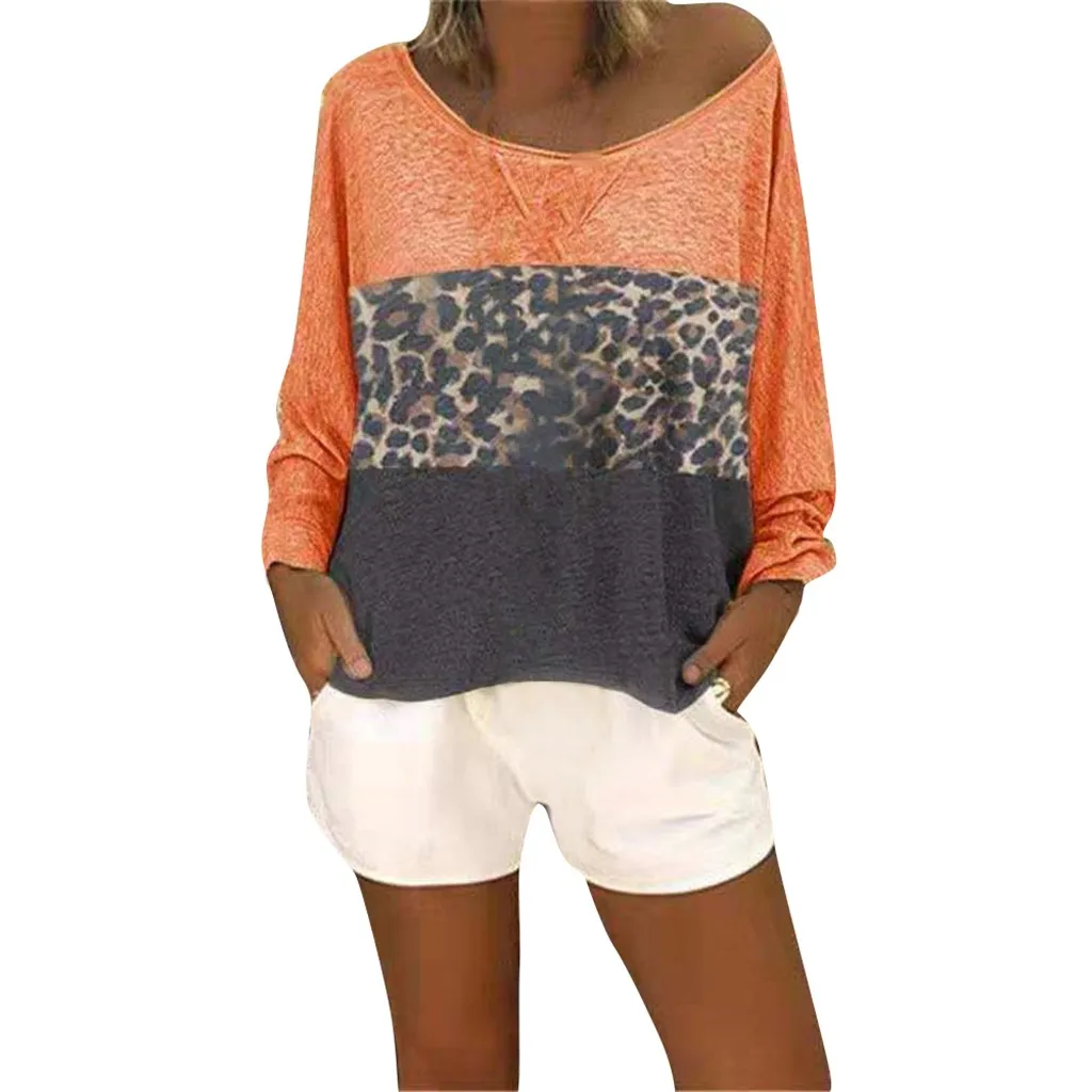 Леопардовая Туника большого размера, женская рубашка с длинным рукавом и v-образным вырезом, лоскутный пуловер, блузка, топы, blusas mujer de moda - Цвет: Оранжевый