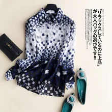 Шелк Женщины Снежинка решетки комфорт темперамент футболка Досуг клетчатая лента галстук бабочка с длинными рукавами Свободная OL женская рубашка