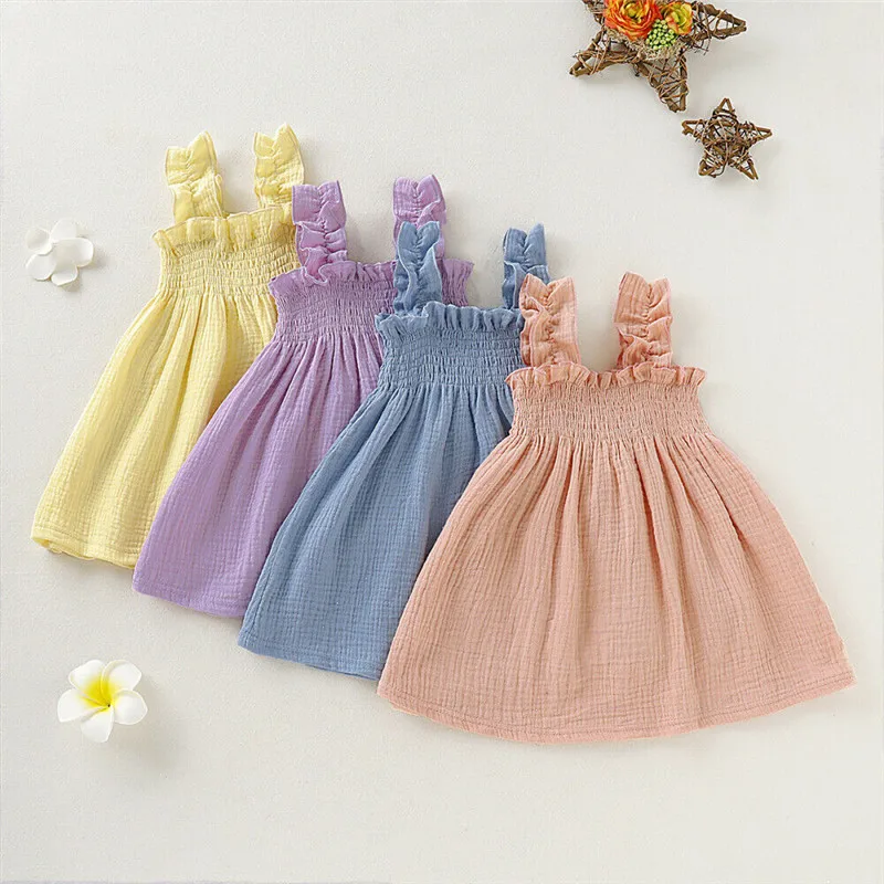 

New Toddler Kids Baby Girls Floral Princess Sling linen Dresses Tutu Summer Outfits