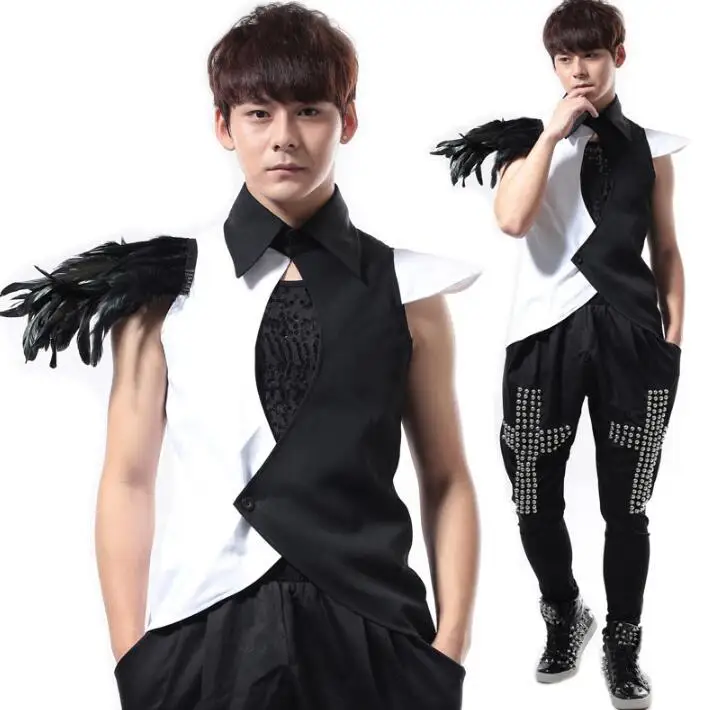 Summer style personality slim male feather vest men punk rock costumes ...