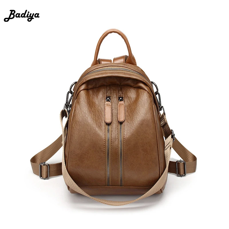 

Korean Style Women Backpack Genuine Leather Zipper Lady School Bags Large Capacity Laptop Backpack Solid Color Message Backpack