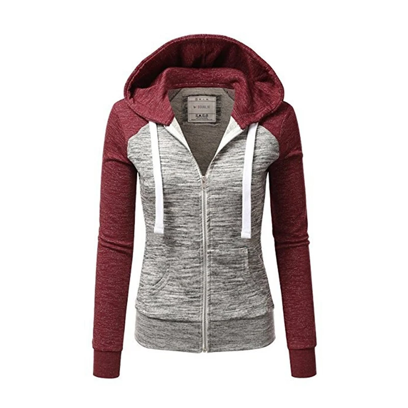 

Spring Autumn Hooded Jacket Fashion Hit Color Zipper Pockets Coat Casual Long Sleeves Feminino Coats Outwear