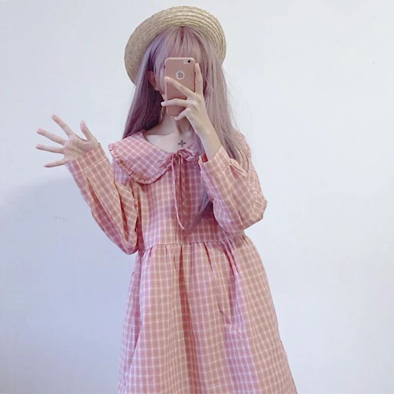

Preppy Style Women Long Sleeve Loose Dress Peter Pan Collar Cute Women Doll Dress Spring Women Fashion One Piece Sweet Girls