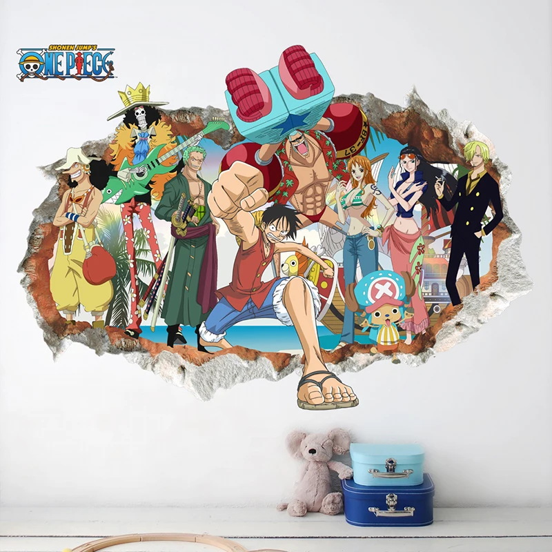 One Piece Luffy Smashed Wall Stickers Japanese Anime Comic 3DVIEW Window for Kids Nursery Room Decoration Mural Pvc Decal