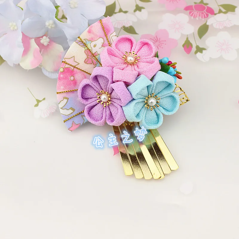 Pure Handmade Japanese Style Tsumami Kanzashi Hair Clip Pin - Pink and Red Tassels, Sakura Flower Fan Kimono Accessory image 5
