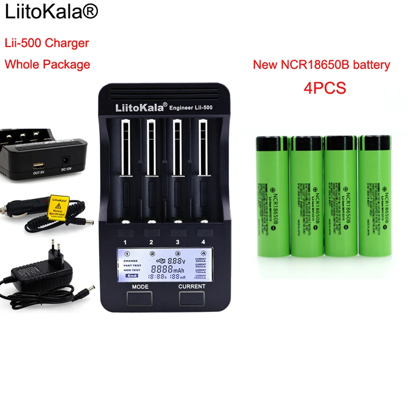 Умное устройство для зарядки никель-металлогидридных аккумуляторов от компании LiitoKala lii500 ЖК-дисплей 3,7 V 18650 26650 1,2 V AA батарея Зарядное устройство+ 4 шт. NCR18650B 3400 мА-ч для батарейки для карманного фонаря
