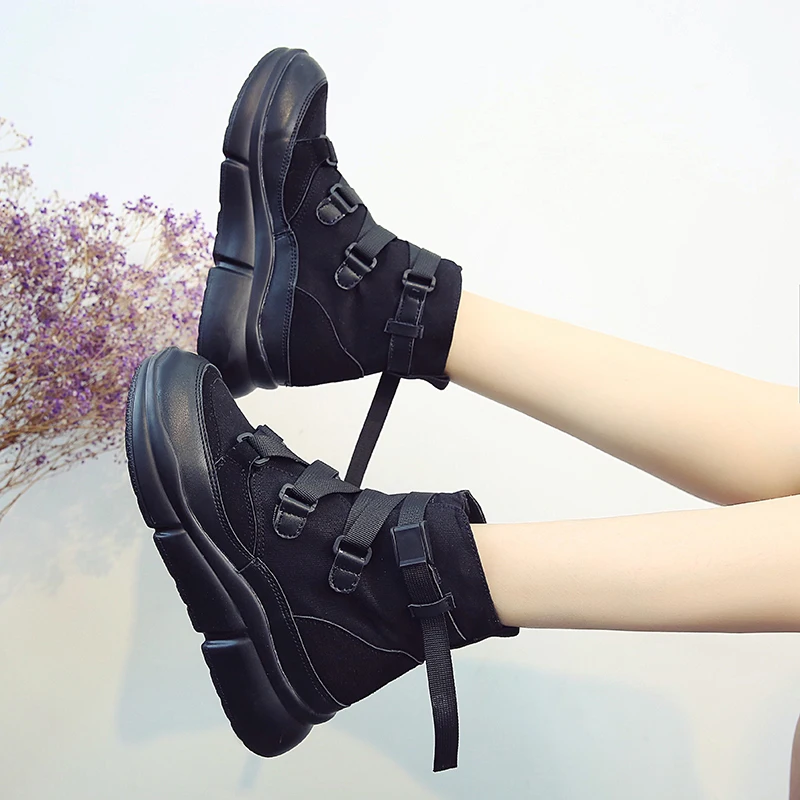 Новое поступление; парусиновые ботильоны для женщин; ботинки на платформе с застежкой-липучкой; модные черные ботинки в стиле панк; обувь на плоской подошве; зимние ботинки; ZF-37
