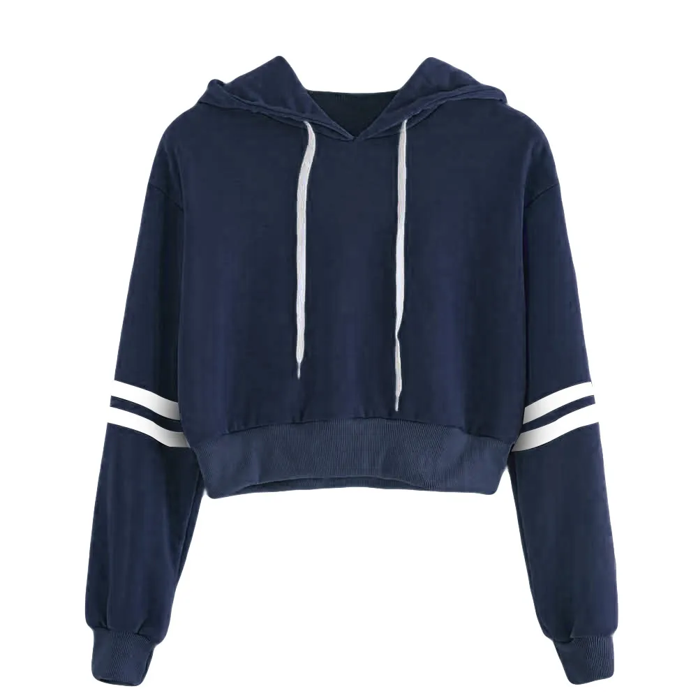 

JAYCOSIN Women Short Sweatshirt Hooded Varsity-Striped Drawstring Crop Hoodie Sweatshirt Jumper Crop Pullover Casual Tops Jul18