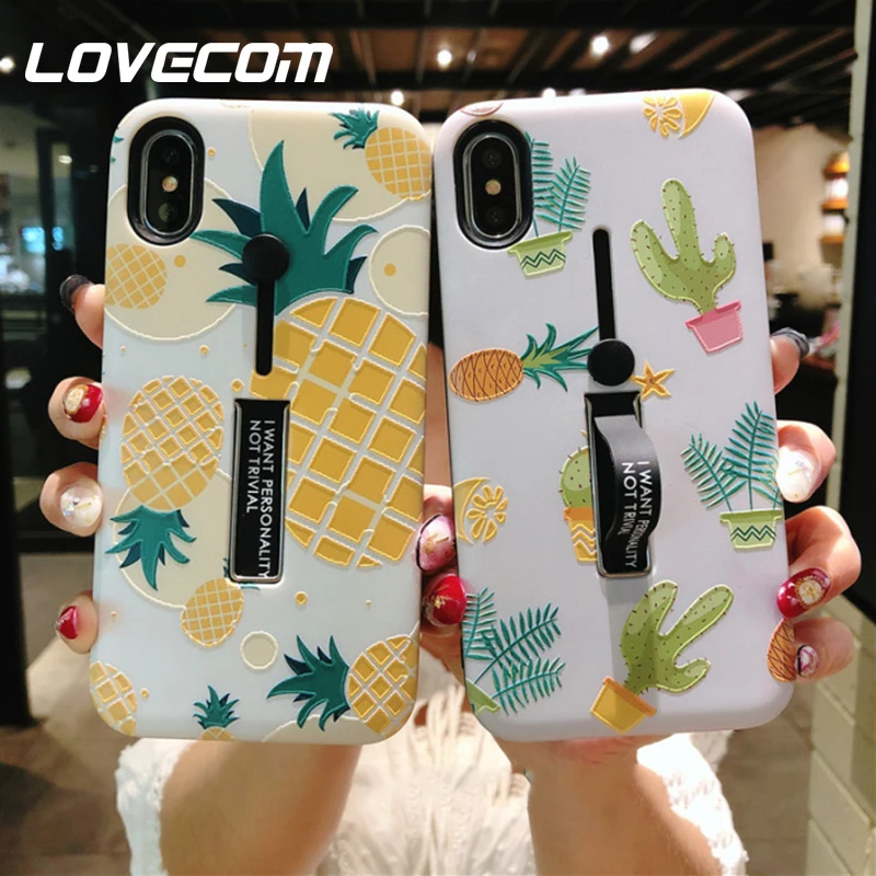 

LOVECOM Cute Cactus Pineapple Emboss Case Hide Kickstand Case For iPhone XS X XS Max XR 6S 7 8 Plus Soft Phone Back Cover Shell