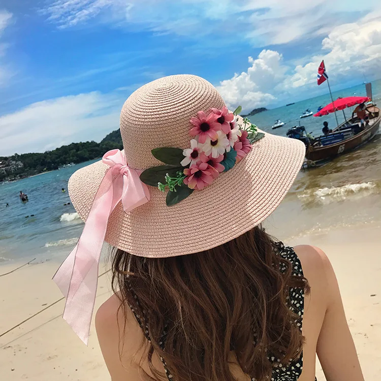2018 Summer New Arrived South Korean Style Flower Bow-Knot Straw Hat Beach Sunscreen Casual Sun Hat ACA87 (4)