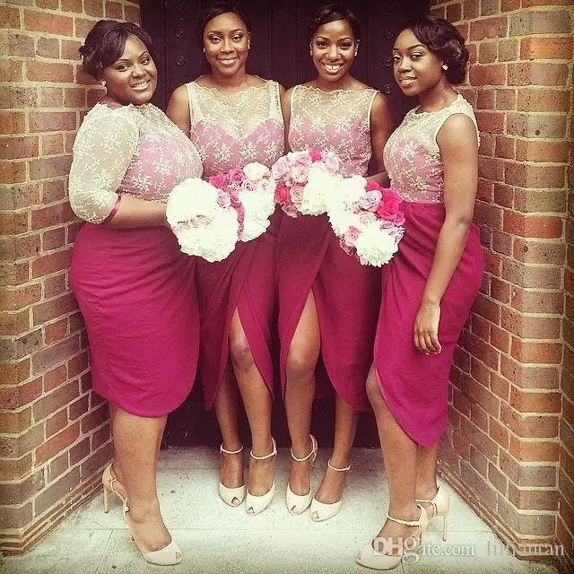 Fuchsia Bridesmaid Dresses White Lace Top Short African Wedding Fuchsia Bridesmaid Dresses White Lace Top Short African Wedding Guest Dress Split Prom Gown 2017 Plus Size Vestido Madrinha In From