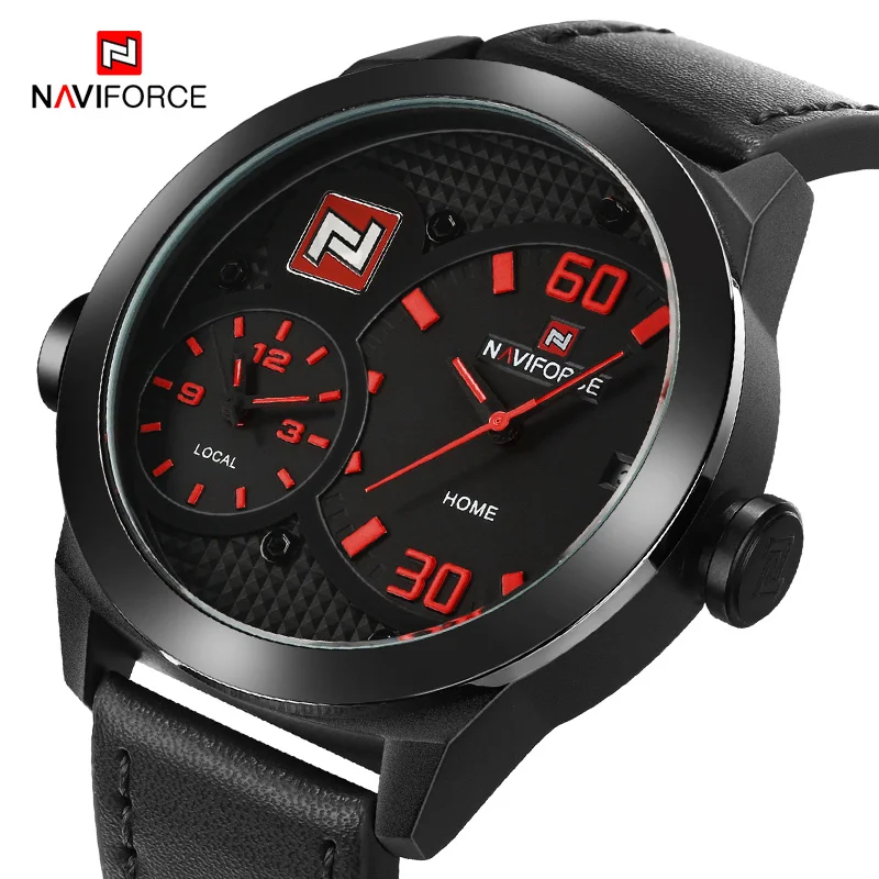 Naviforce Для мужчин Спортивные часы модные роскошные Лидирующий бренд Dual Time Повседневные часы кожаный ремешок Водонепроницаемый часы Relogio Masculino - Цвет: Red